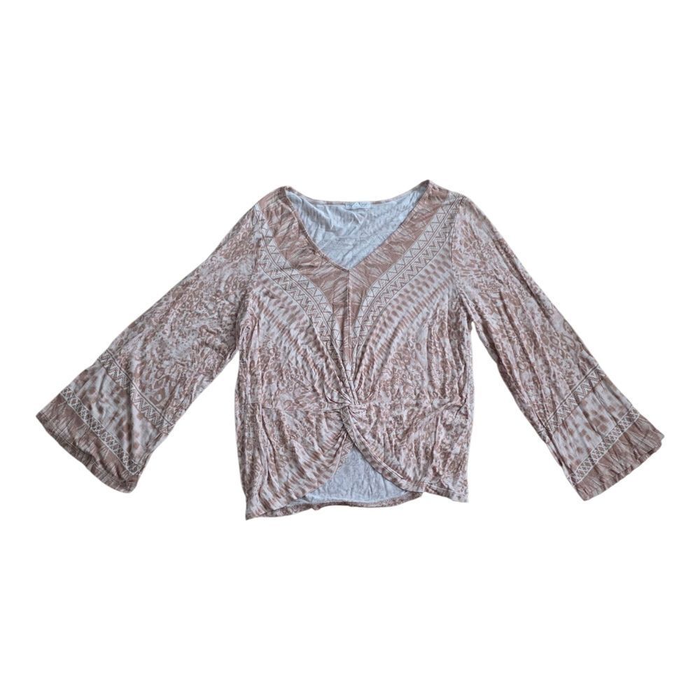Taylor & Sage Taupe Boho Patterned V-Neck Twist Front Top S